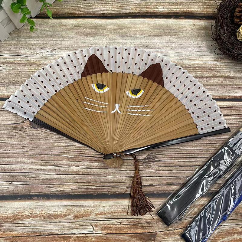 1 Piece Cat Pattern Bamboo Folding Fan For Women Cute Cartoon Cat Hand Fan Kimono Bathrobe Hand Fan Crafts Decoration