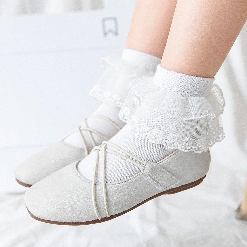 Lace Ruffled White Cotton Mesh Ankle Socks for Girls - Breathable and Ideal for Latin Dance and Princess Costumes