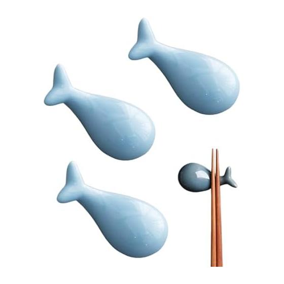 Chopstick Rests, Spoon Rests - Cute Whale Shaped Ceramic Tableware, Japanese Style, Set of 3 (Blue)
