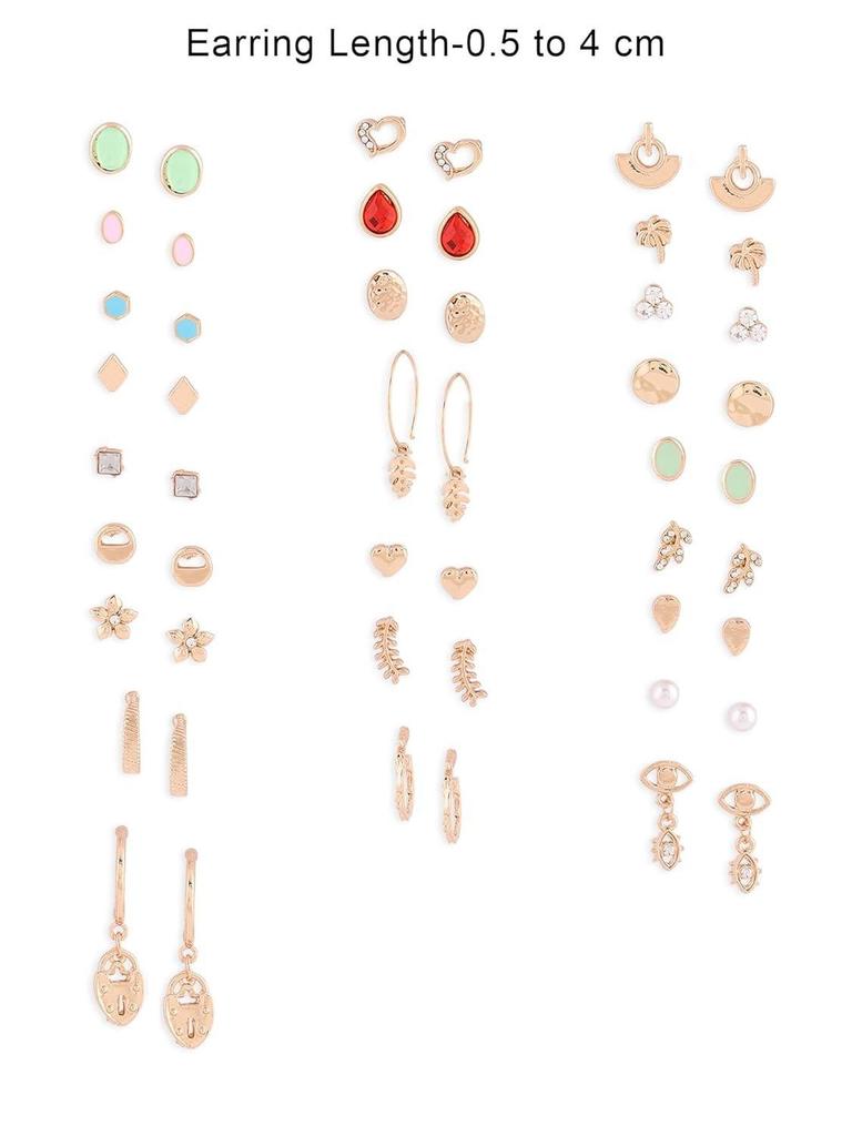 Set Of 25 Gold Tone Smart Casual Wear Studs & Drop Earrings For Women