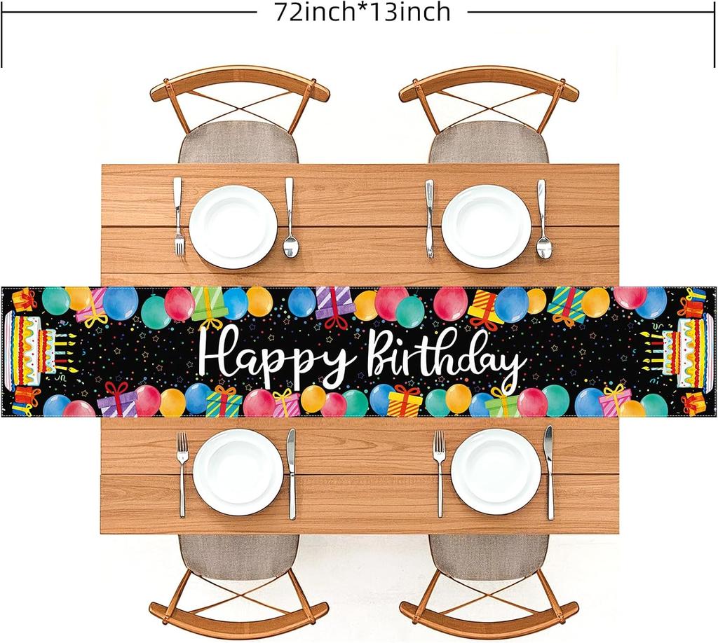 Black Happy Birthday Linen Table Runner Holiday Party Decor Reusable Farmhouse Kitchen Dining Table Runner Birthday Party Gift