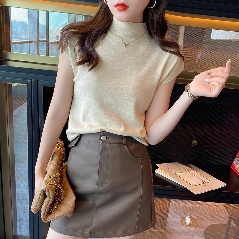 Summer Base Layer, New Short-sleeved T-shirt, Women's Knitted, Elegant, Solid-color, Front-shoulder, Mid-neck Top