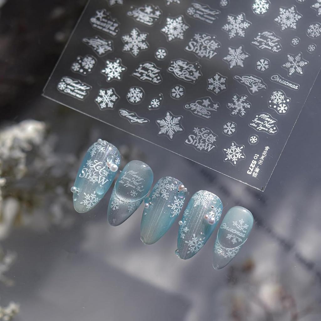 Winter Snowflake Nail Art Stickers, 3D Embossed Exquisite Snowflake Nail Decals Self-Adhesive Christmas Craft Nails Accessories for Women Girls DIY