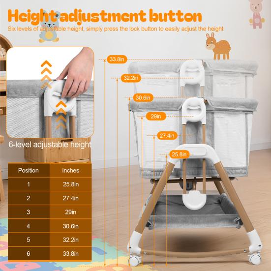 Height Adjustable Bedside Crib 3 In 1 Baby Bassinet Rocking Bassinet with Soft Mattress Wheels Bassinets 6 Adjustable Easy Folding Portable