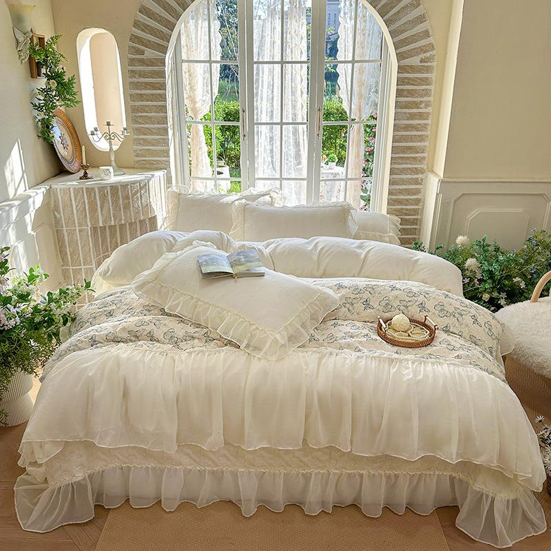 French Princess Wind Milk Fleece 4Pcs Set Winter Thickened Coral Fleece Cut Flower Bed Cover Quilt Cover 4