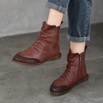 Retro Genuine Leather Flat Bottom Short Boots Round Toe Side Zipper Solid Color Women's Boots