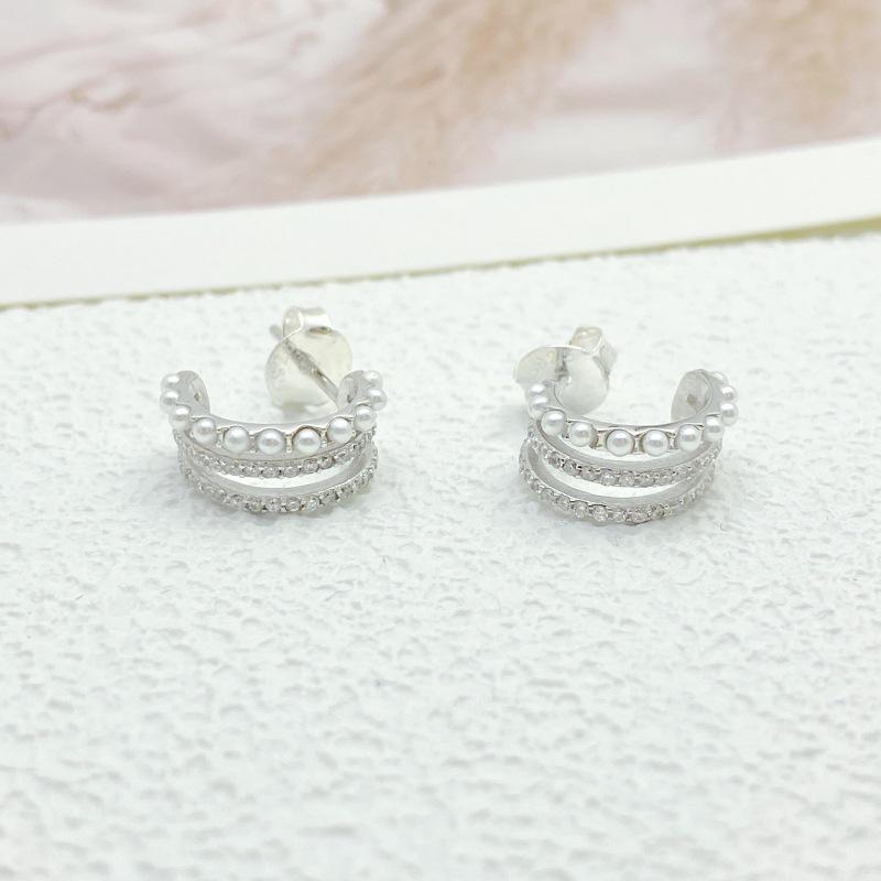 New S925 Sterling Silver Pearl Stud Earrings, C-Shaped Design, Light Luxury, Simple European & American Style, Versatile for Women’s Ear Piercings 925 Silver