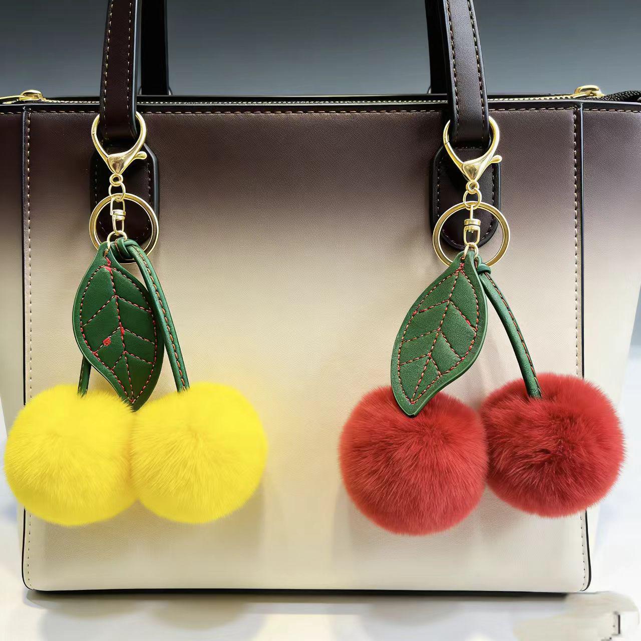 Faux Rex Rabbit Fur Cherry Plush Keychain Pendant - Cute & Trendy Accessory Gift