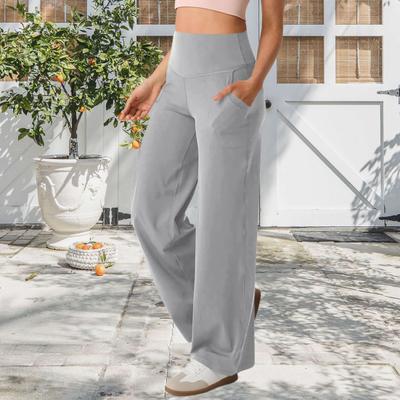 Calças de ioga femininas, cor sólida, cintura alta, perna larga, calças esportivas com bolsos, controle de barriga, calças sociais de perna reta