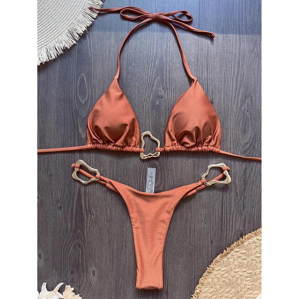 Shiny Metal Ring Halter Mini Thong Bikini Women Swimwear Two-Pieces Bikini Set Female Swimsuit Bather Bathing Suit Swim