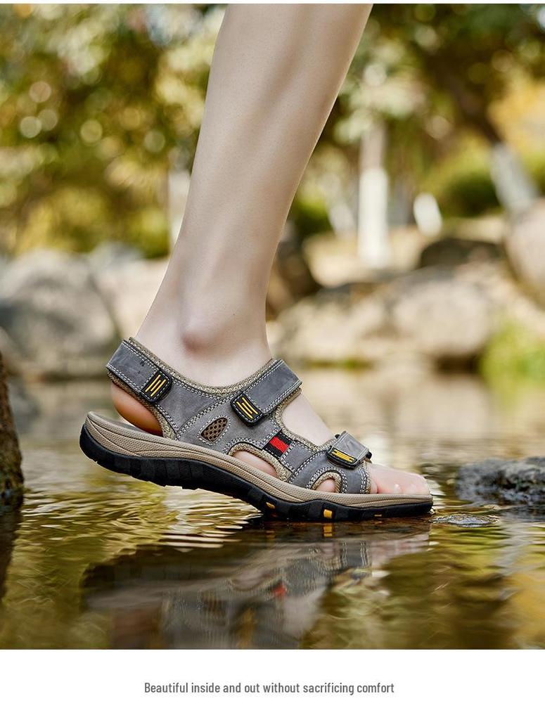 Men's Genuine Leather Open Toe Summer Sandals - Non-Slip, Wear-Resistant, Soft Sole, Versatile Driving Sandals