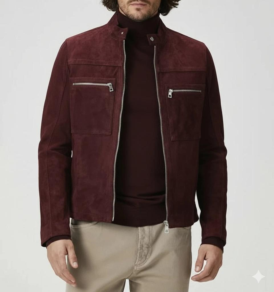 Oryginalna Męska Kurtka Ręcznie Robiona Zamszowa Skóra Jagnięca Biker Casual Motocyklowa Bordowa