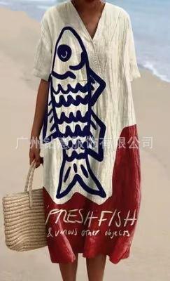 New Loose Casual Comfortable V-neck Digital Printing Pleated Large Version Dress