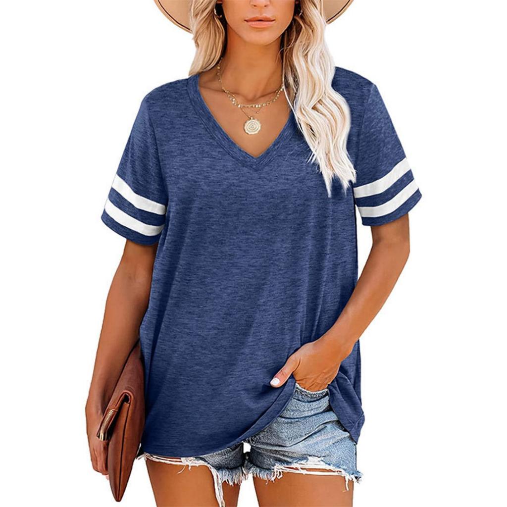 Sommer Neues Damen V-Ausschnitt Gestreiftes Lockeres Kurzarm T-Shirt Lässiges Oberteil für den grenzüberschreitenden Handel