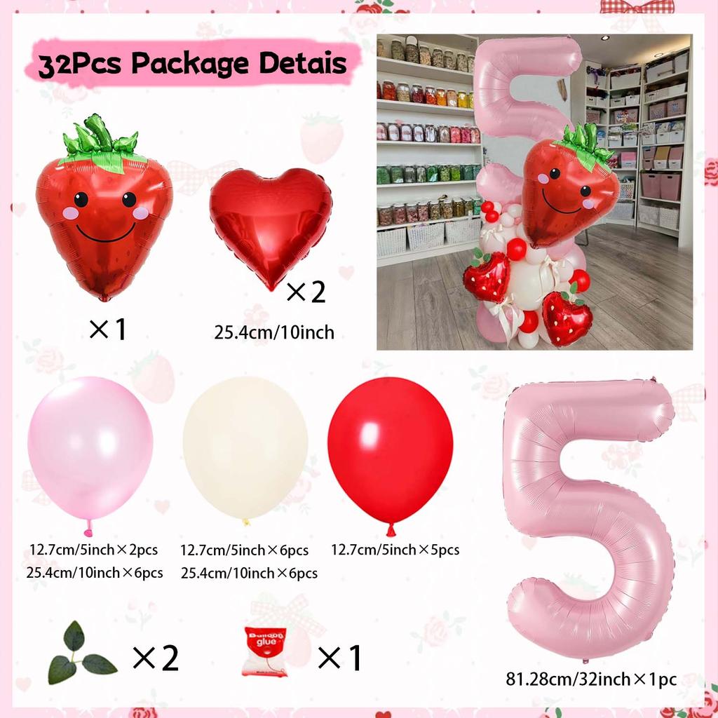 Strawberry Digital Balloon Numbers 0-9 Strawberry Love Aluminum Film Pink White Red Balloon for Anniversary Birthday