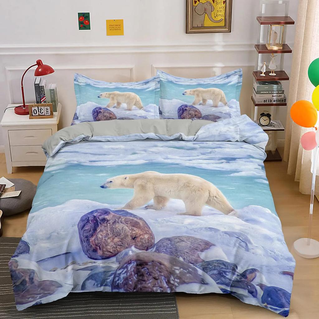 Polar Bear Duvet Cover 3D Lovely White Arctic Animals Kids Teens Women Wildlife Arctic Scenery Theme Quilt Cover Room Decoration