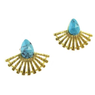[Q1555] - Pendientes artesanales 'Boho' turquesa dorado (abanicos) - 15x11 mm