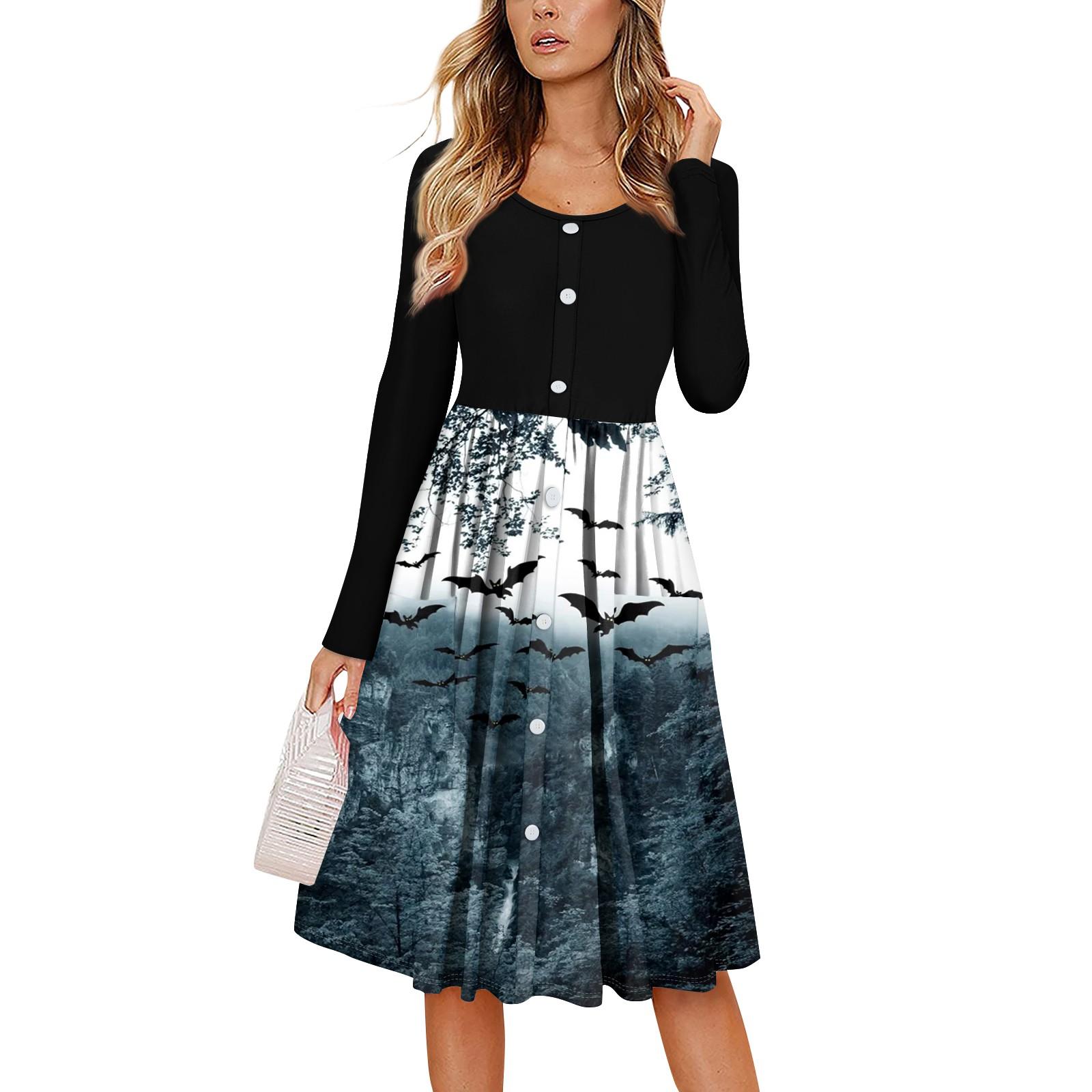 

Женский повседневный модный сексуальный удобный сарафан с пуговицами, длинными рукавами и карманами, платье с принтом на Хэллоуин XL тёмно-синий