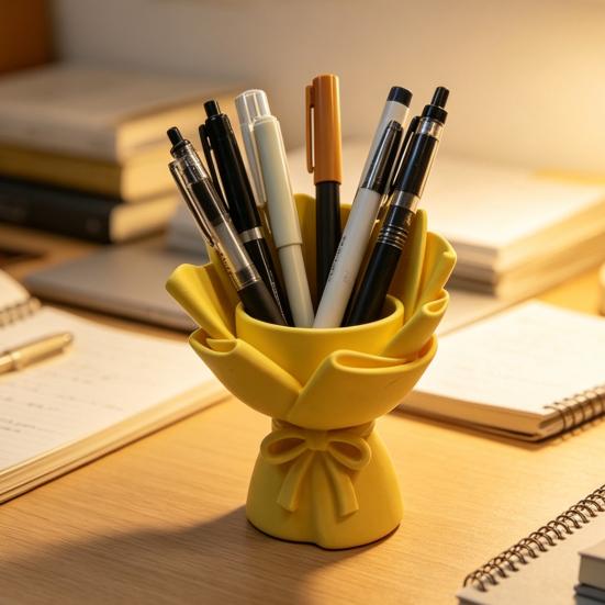 3D Printed Bouquet Pen Holder Planter, Mini Desk Decor with Bow & Artificial Flowers, Multifunctional PLA Craft for Pencil Organizer Pot, Romantic