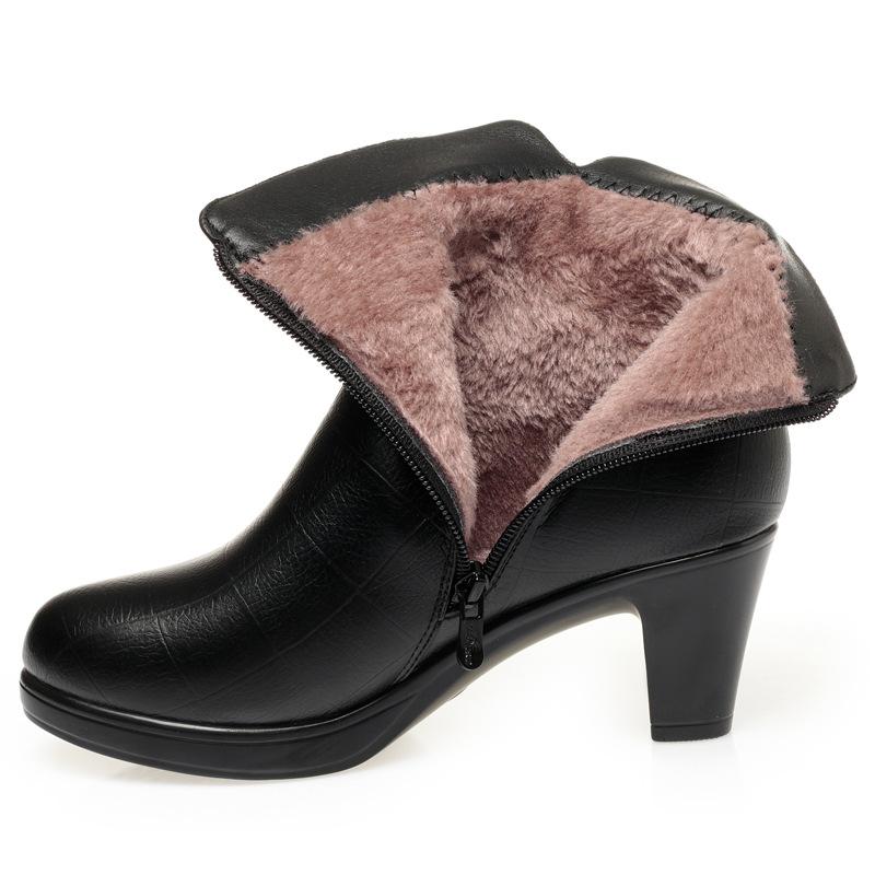 

6см 8см Элегантные Удобные Мягкая Кожа Плюшевые Мотоботы Зима 2025 Блочный Высокий Каблук Обувь Теплые Ботильоны для Офиса 41
