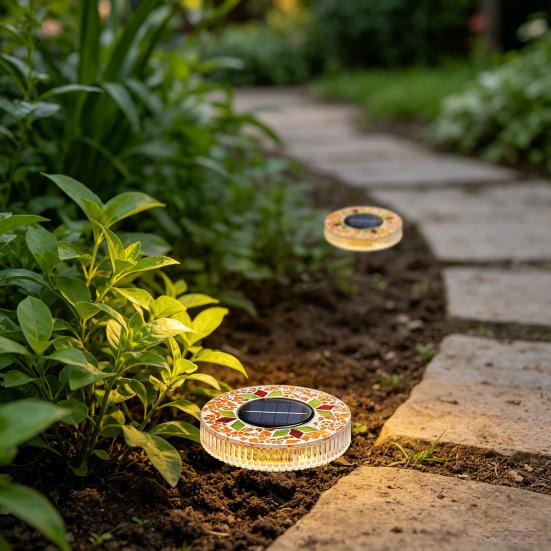 2Pcs Solar Mosaic Disc Lights Waterproof Pathway Lights Outdoor LED Garden Stake Lights Auto On/Off Solar Powered Lamps for Yard Lawn Driveway