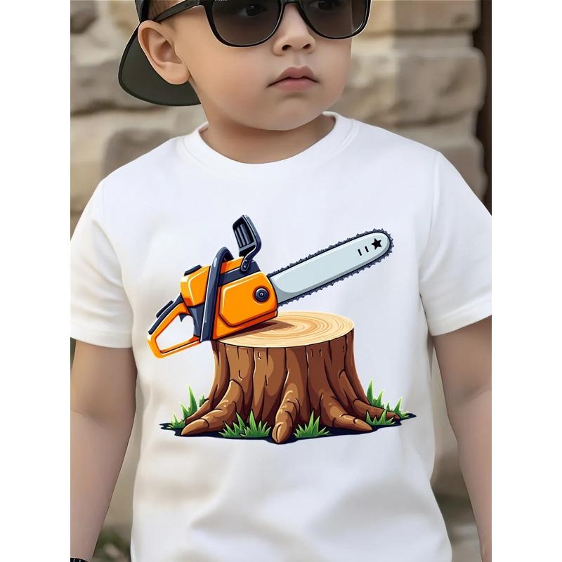 Boys Crewneck T-Shirt, Chainsaw Tree Stump Wood Cutting Tool Print 110