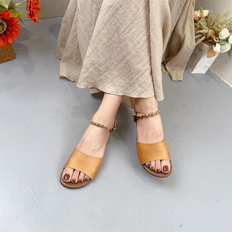 Johnature Genuine Leather Flat Sandals Handmade Leisure Peep Toe Belt Buckle Soft Sole Women's Shoes