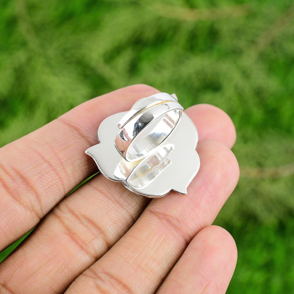 Gift For Her Natural Labradorite Solitaire Flower Adjustable Ring 925 Silver