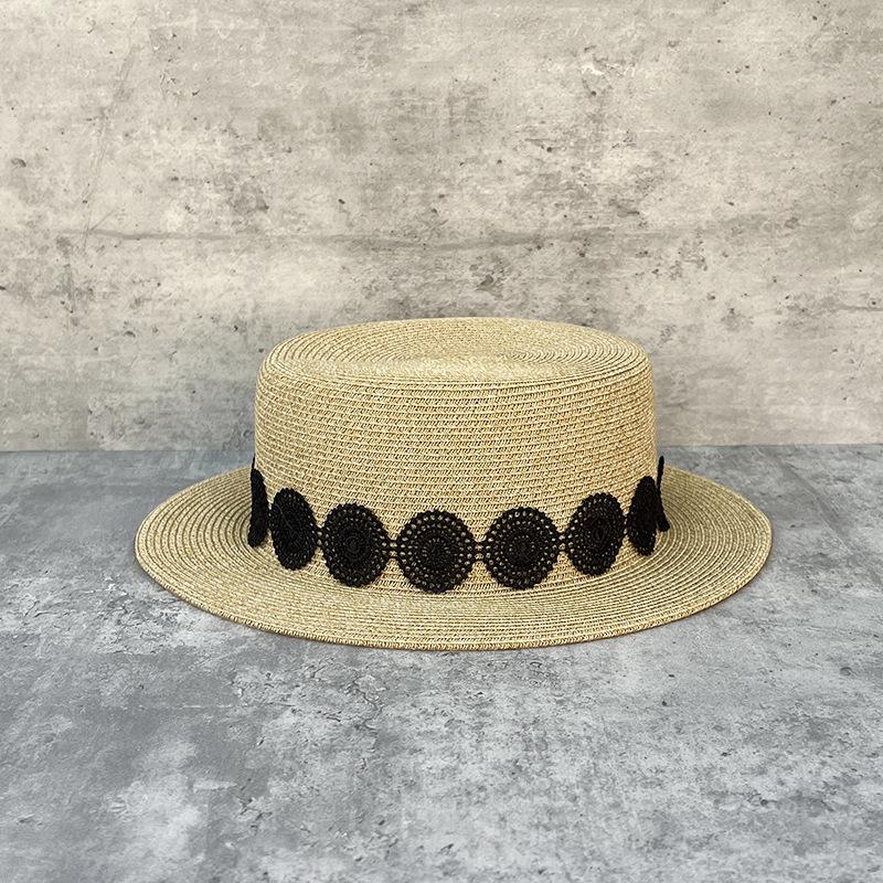 

Internet Celebrity Lace Circle Flat Top Straw Hat Women S Summer British Fashion Sunscreen Top Hat Casual Vacation Straw Visor M（56-58cm）