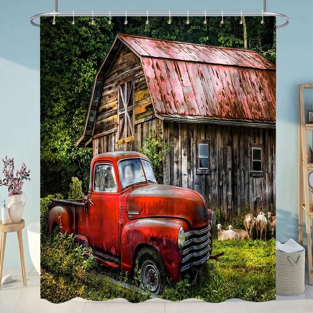 Antique Car Shower Curtain Vintage Classic Old Truck Car On Farm Field Retro Rustic Farmhouse Fabric Bathroom Decor Curtain Hook