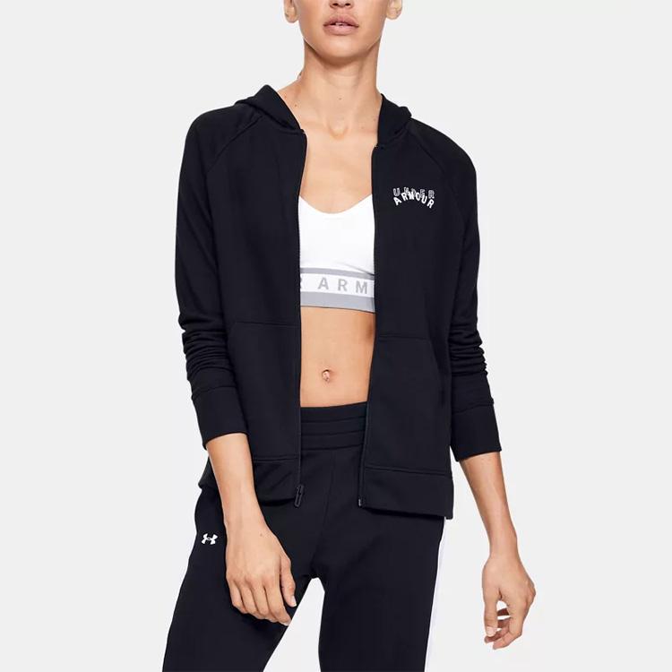 Under Armour Rival Terry Zip Hoodie With Letter Logo Women Jacket Black 1351810-001