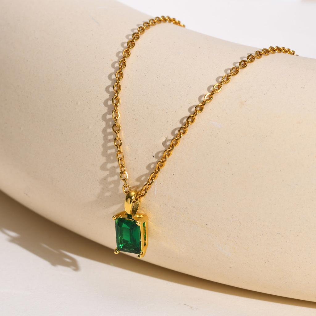 Chic Rectangular Shape CZ Stone Pendant For Women, Trendy Stainless Steel 4 Colors Cubic Zirconia Pendant Charm Chains Necklace