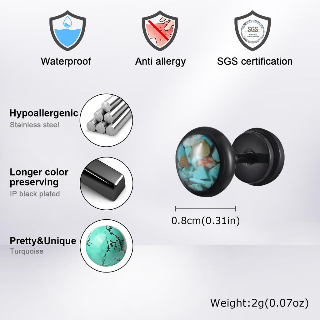 Natural Stone Stud Earrings for Men Boys,Stainless Steel Plated Round Small Earring,Stylish Jewelry Gifts