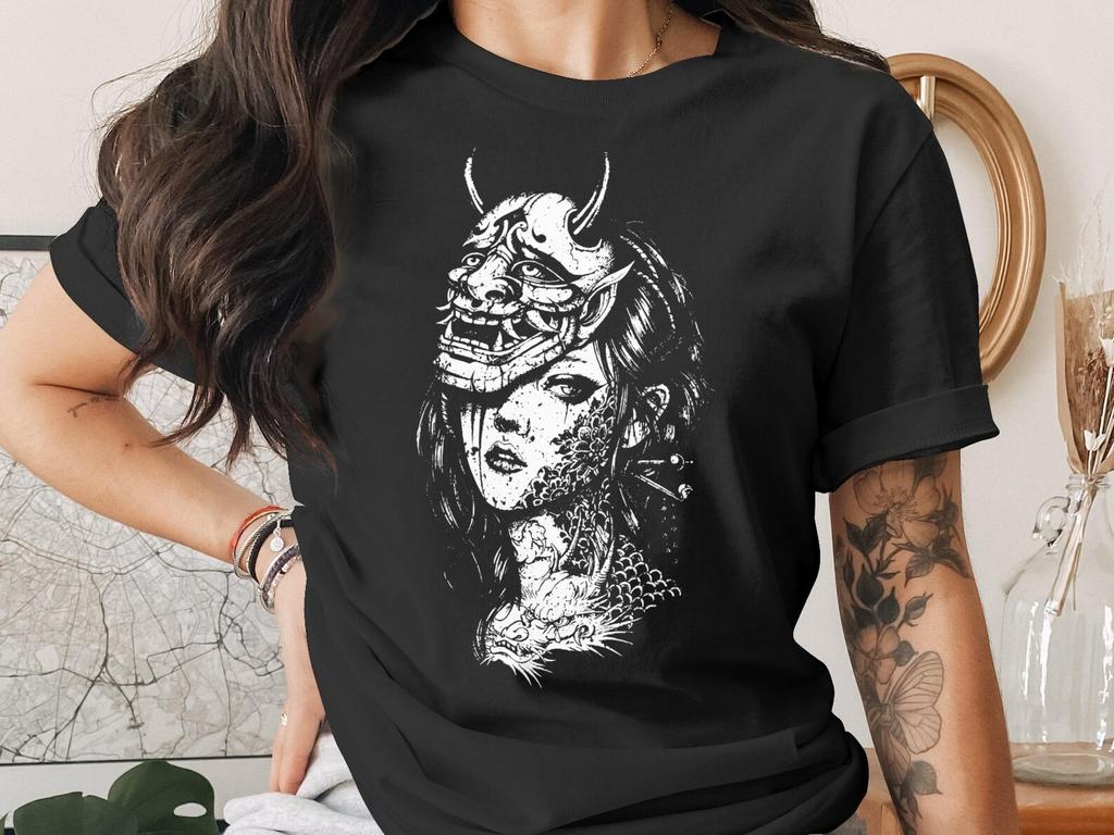 Hannya Mask T-Shirt, Japanese Folklore Oni Demon Tattoo Art Aesthetic Top, Edgy Dragon Mythological Creature Graphic Tee