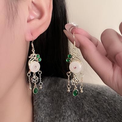 Classical Chinese Style Hetian Jade Safety Buckle Earrings, Gold-Plated Jasper Fringed Earrings, Fairy Gas Ancient Hanfu Earrings.