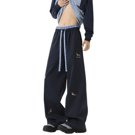 Men's Casual Baggy Pants Drawstring Waist Trousers with Cartoon Dachshund Embroidery Loose Fit Streetwear Pants for Vacation Travel School