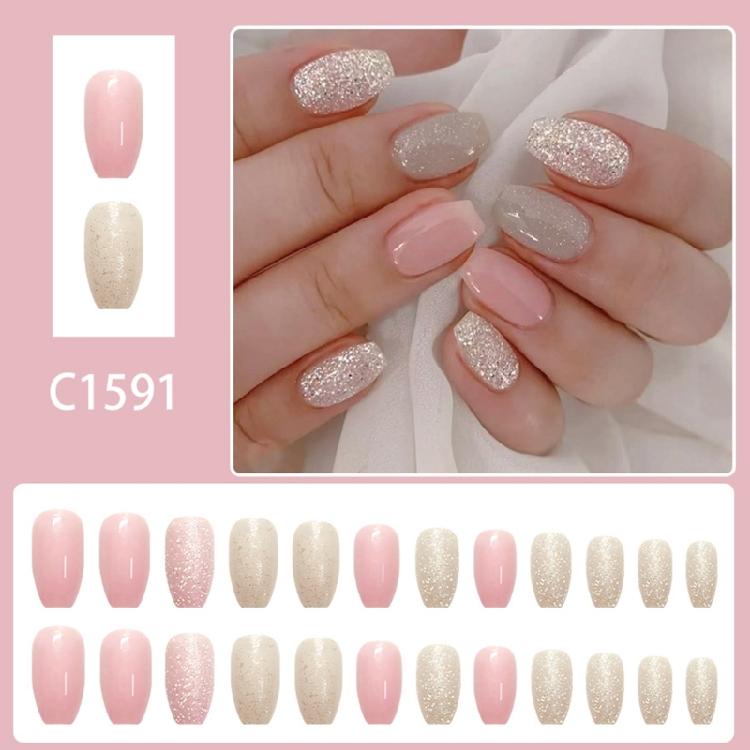 Pack of 24 Press On Nail Pink Color Flash Glitters Artificial Nail Comfort Fit for Long Term Use Fashion Accessory