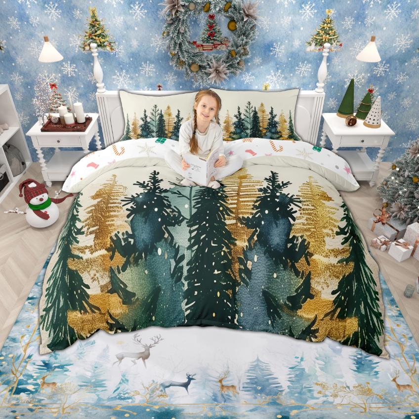 

Homewish Cartoon Christmas Tree Duvet Cover Set For Kids Children Watercolor Xmas Bedding Set New Year Theme Bed Set EU Single(135*200cm)3pcs
