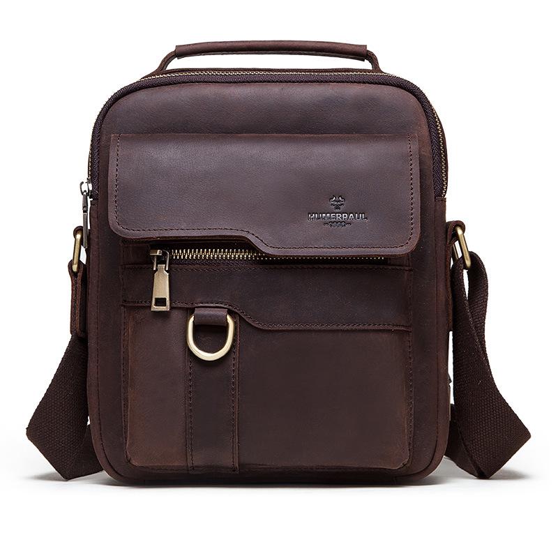 Men s Crazy Horse Leather Crossbody Bag - Retro European & American Style, Single Shoulder, Multifunctional, Genuine Leather. коричневый