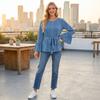 Women's Color Pleated Round Neck Long Sleeve Blouse Top for Casual Everyday Wear