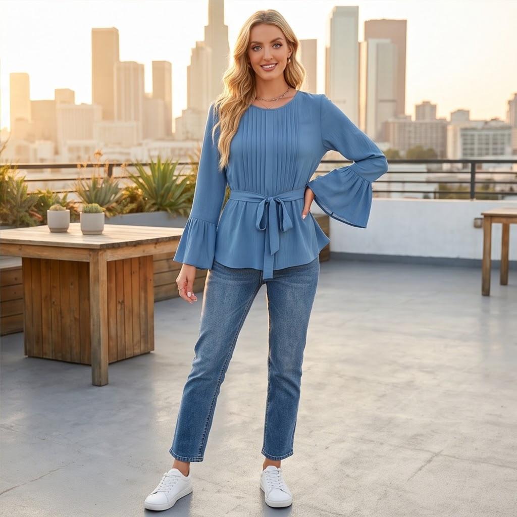 Women's Color Pleated Round Neck Long Sleeve Blouse Top for Casual Everyday Wear