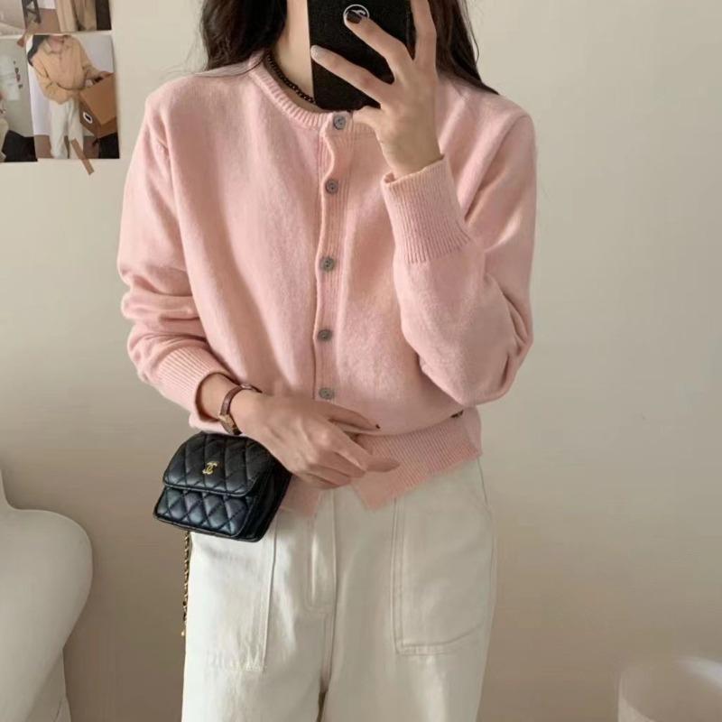 

Осень и зима новый мягкий восковой нежный ветер вязаный кардиган топ женский однотонный повседневный тонкий свитер куртка average size розовый
