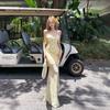 French yellow tulle splicing suspender dress women's summer seaside vacation pleated sexy fishtail hip-wrapped dress