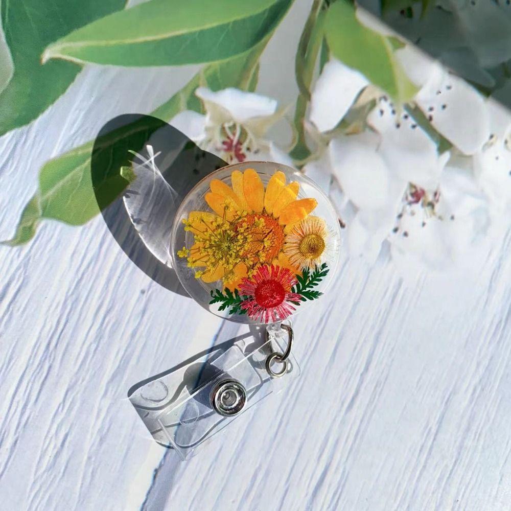 Resin Transparent Key Holder Pressed Floral Card Badge Holder Reels Keyring Badge Reel ID Lanyard
