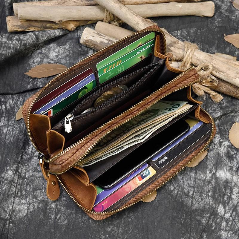 Men's Crazy Horse Leather Long Wallet Genuine Double Zipper Multi-Card Cowhide Clutch Large Capacity Phone Bag