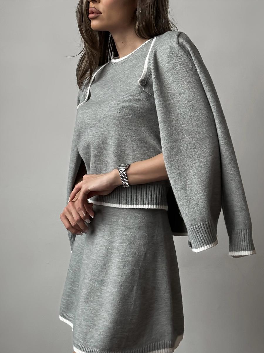 

Hirsionsan элегантный мягкий винтажный женский костюм из 3 предметов юбка комплект кардиган короткий рукав свитер и мини-юбка трикотажный спортивный костюм L серый