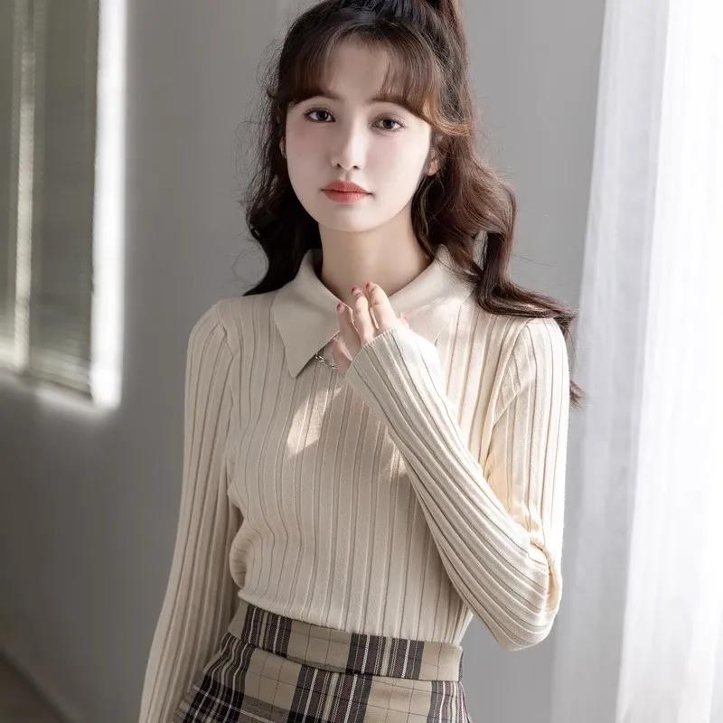 Polo Collar Women's Knitted Sweater Long Sleeve Slim Fit Pullovers for Women Autumn Winter Sweaters Soft Warm Bottoming Tops