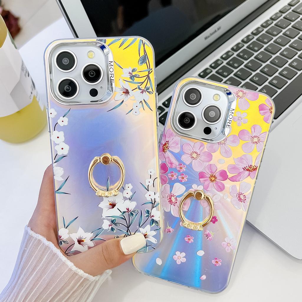 iphone16ProMax Mobile Phone Case Is Suitable for Apple 15 Ring Bracket Electroplated Laser Flower Protective Cover
