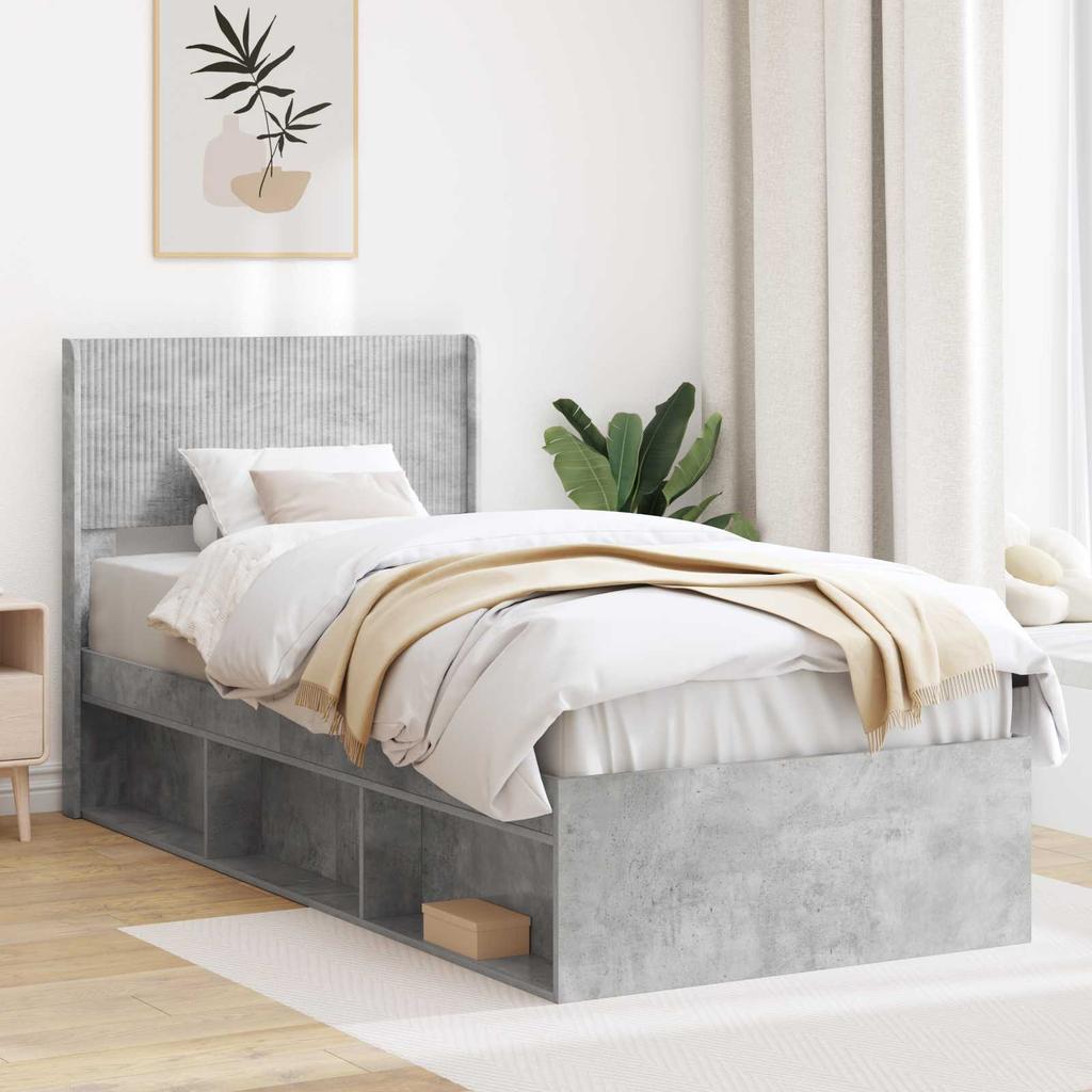Bed Frame with Storage Space and Headboard Concrete Grey 90 x 190 cm