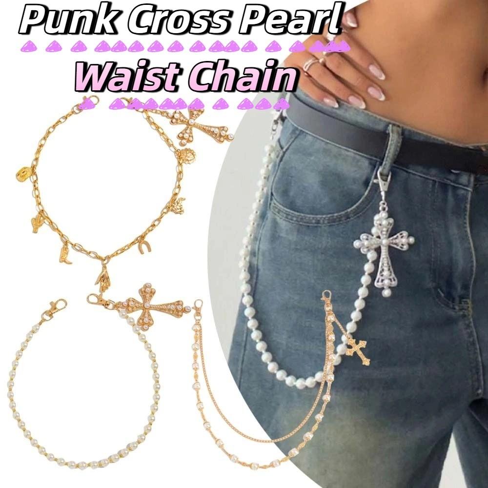 Beads Pearl Waist Chain Cross Pants Chain Retro Tassel Jeans Chain  Female